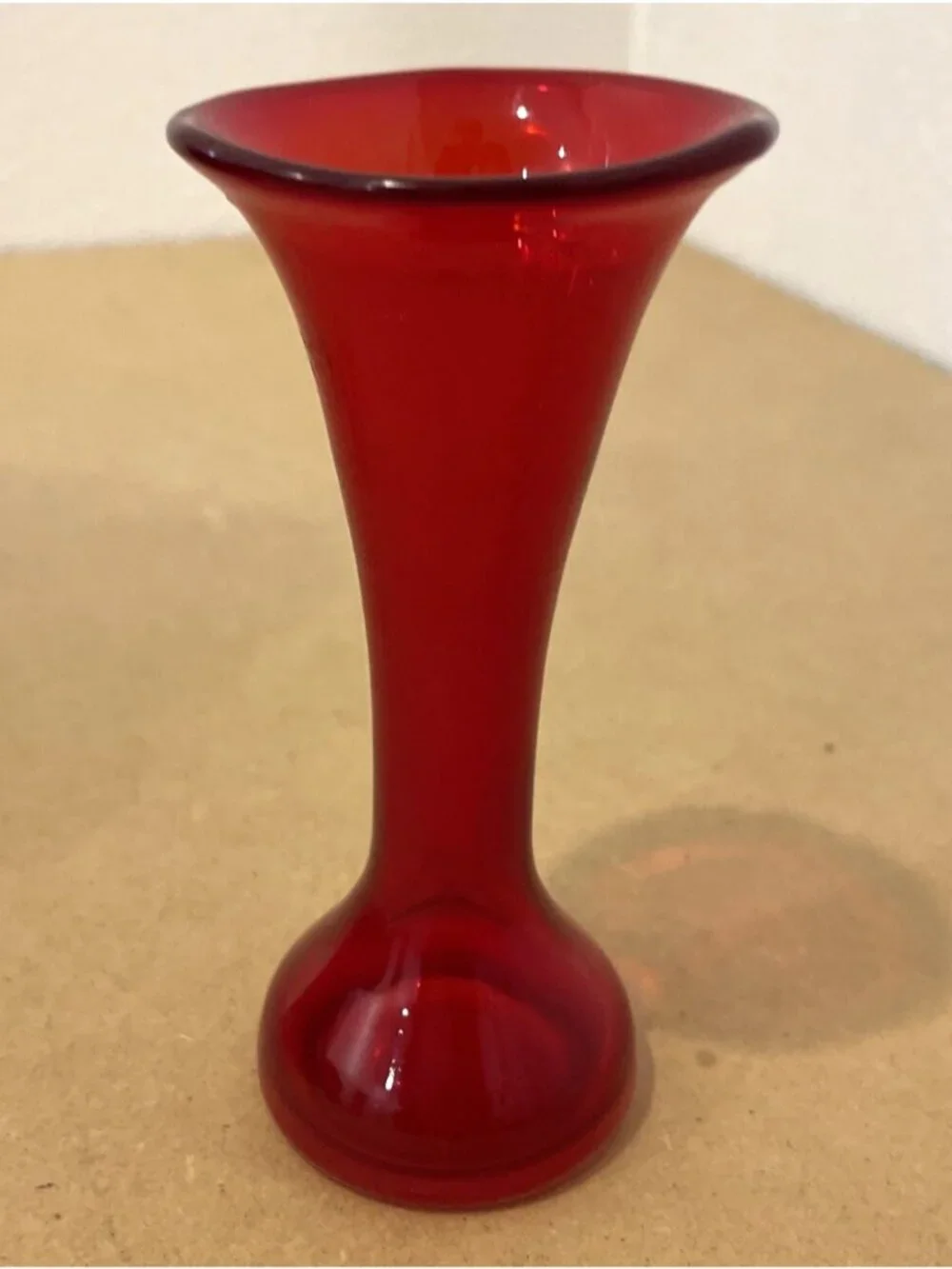 Vintage Red Hand Blown Glass Art Bud Vase Angled Top 5.5